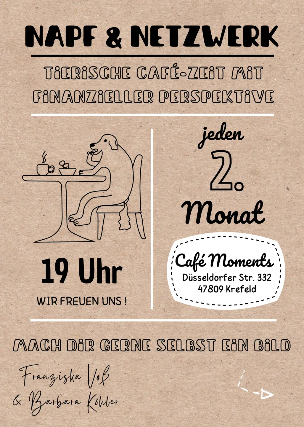 sandfarbener Hintergrund, darauf der Name und Details zum Event - Napf & Netzwerk, mit einem Hund sitzend am Tisch mit einer Tasse Kaffee, daneben Termin und Anschrift, unten u.a. ein QR-Code für weitere Infos