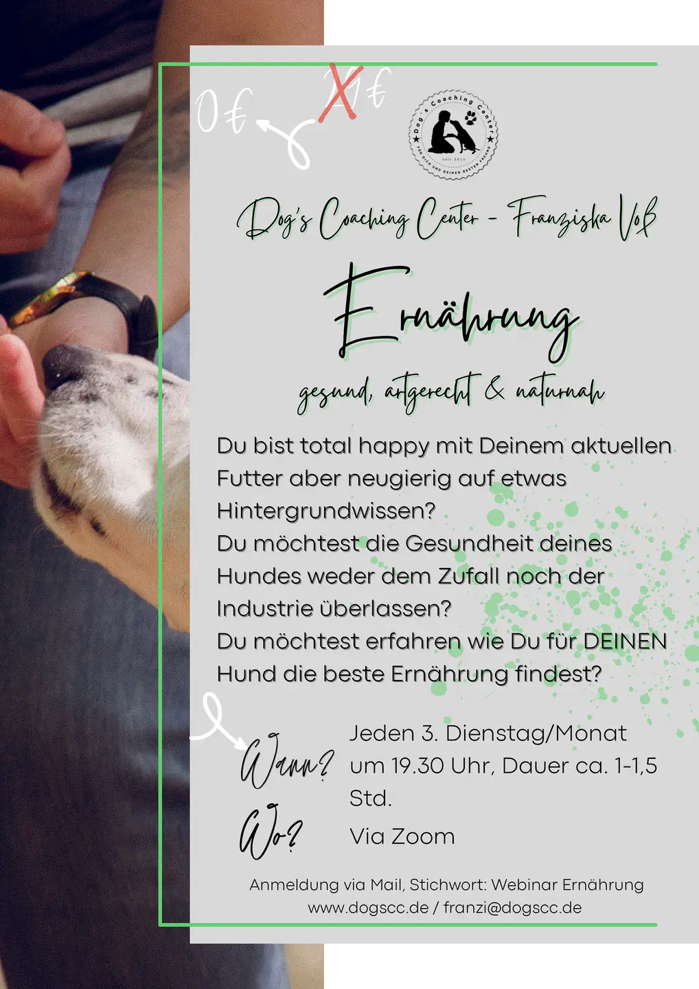Hintergrundbild mit Franzi und Hund, darauf grauer Flyer mit viel Text zum Webinar zum Thema Ernährung und dem Termin