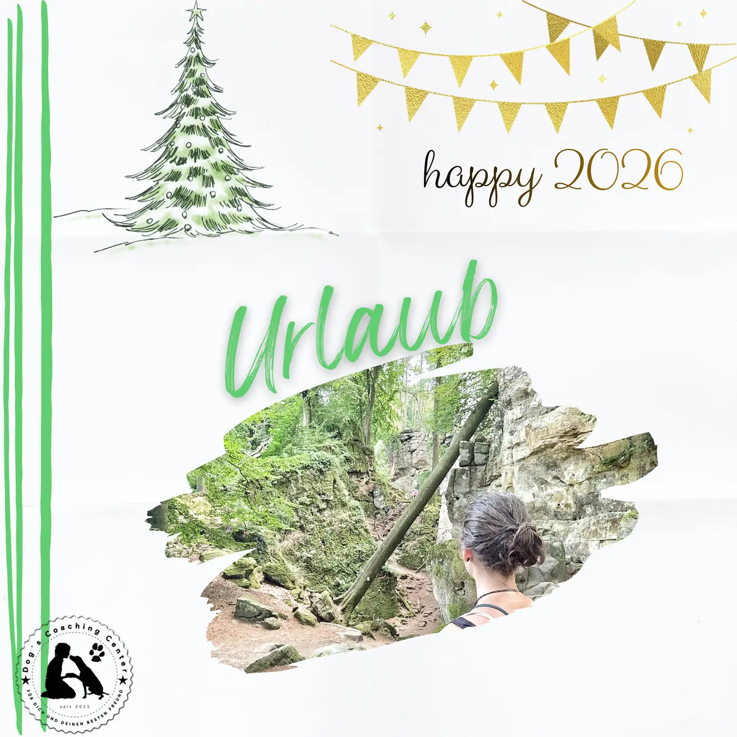 grau-weißer Hintergrund, links grüne Streifen, rechts davon ein grafishcer tannenbaum, daneben Partydeko und happy 2026, darunter links unten das DCC-Logo, mittig Schriftzug Urlaub und ein Urlaubsfoto, Franzi in den Bergen